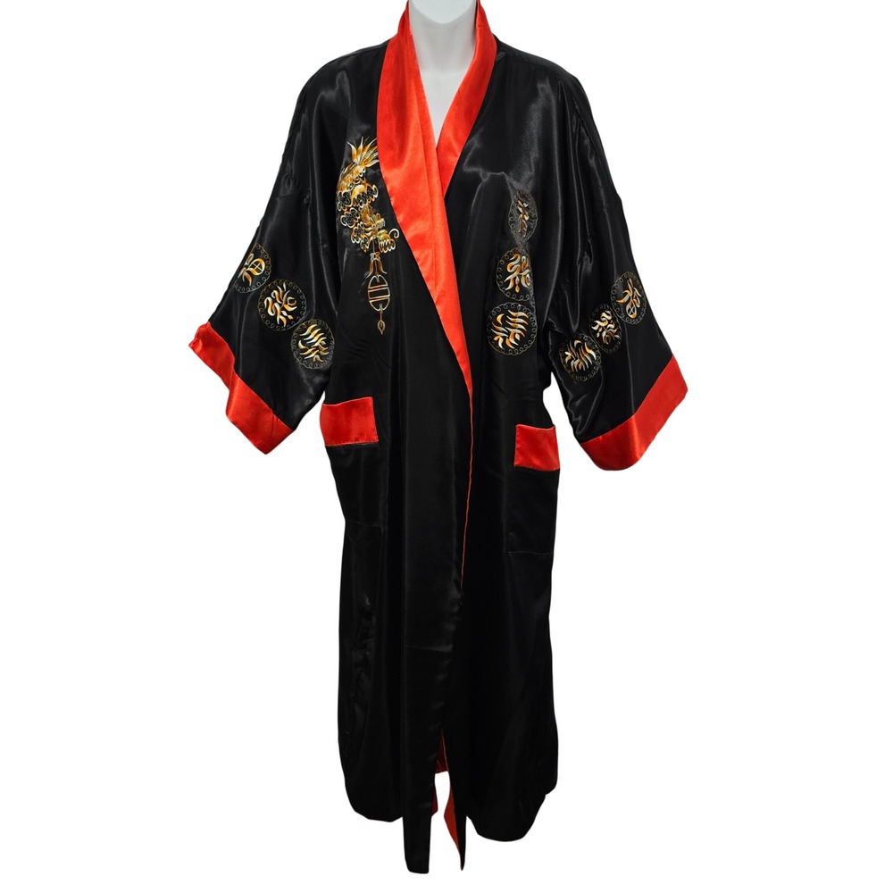 Vintage Reversible Dragon Kimono Robe Black Red Satin Embroidered Long Gown